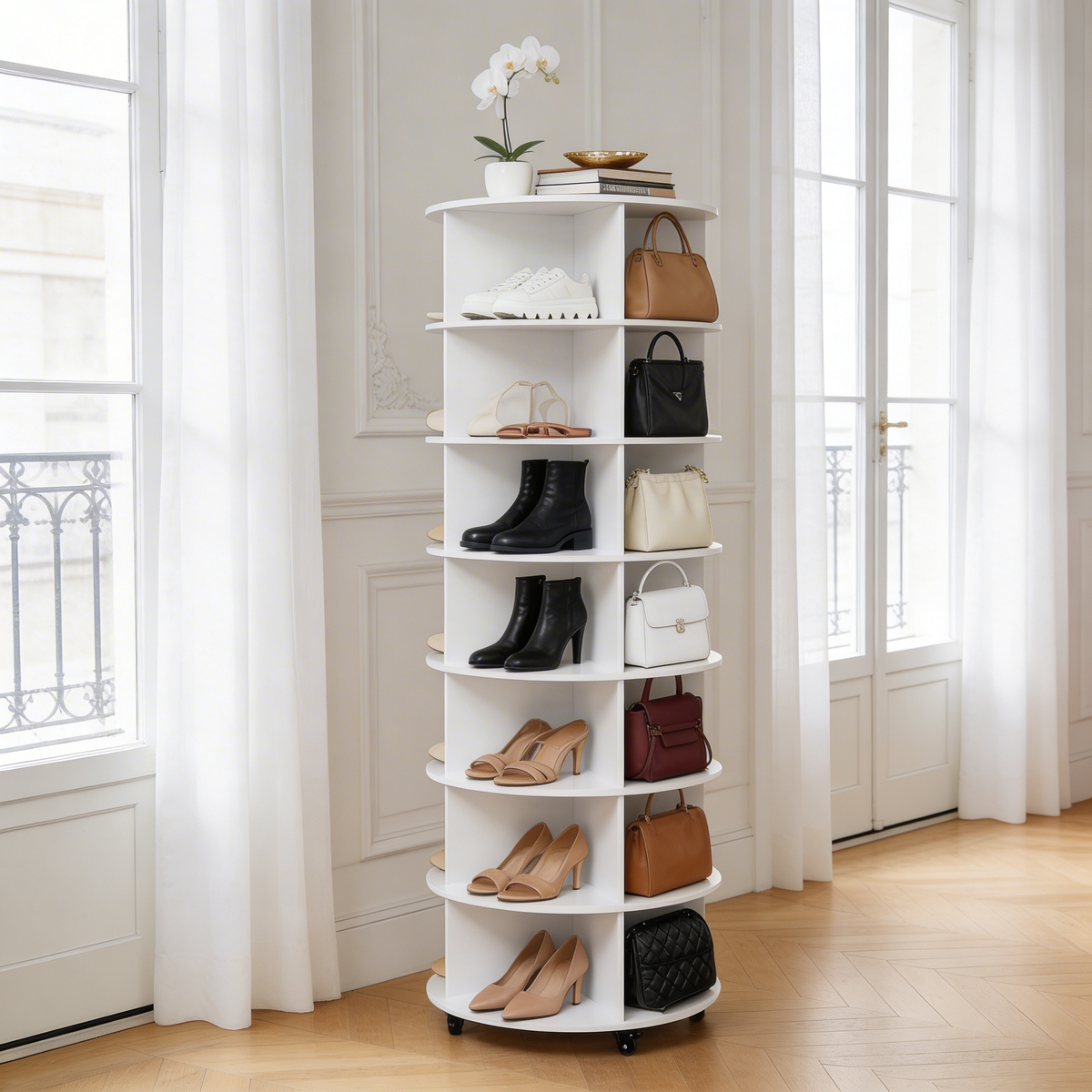 SpinMyShoes™ — Étagère Rotative 360° · Jusqu'à 30 Paires de Chaussures & Sacs