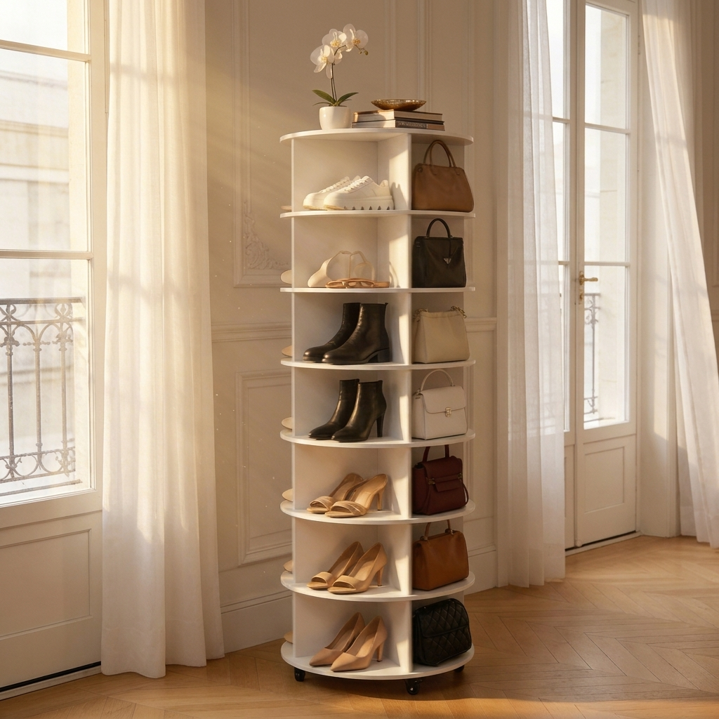 SpinMyShoes™ — Étagère Rotative 360° · Jusqu'à 30 Paires de Chaussures & Sacs