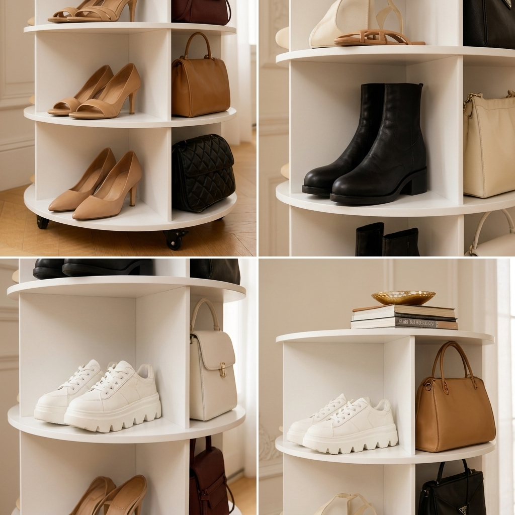SpinMyShoes™ — Étagère Rotative 360° · Jusqu'à 30 Paires de Chaussures & Sacs