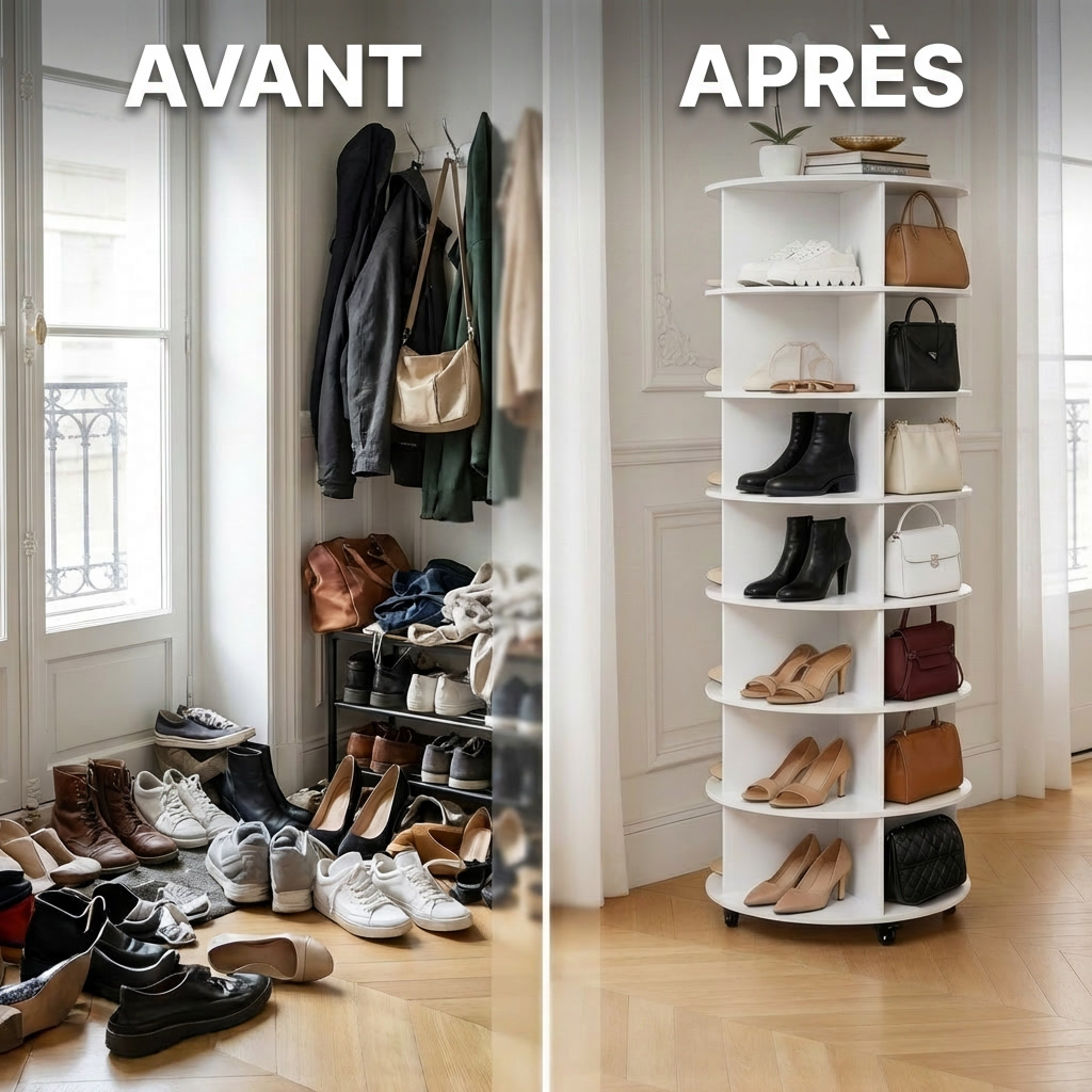 SpinMyShoes™ — Étagère Rotative 360° · Jusqu'à 30 Paires de Chaussures & Sacs